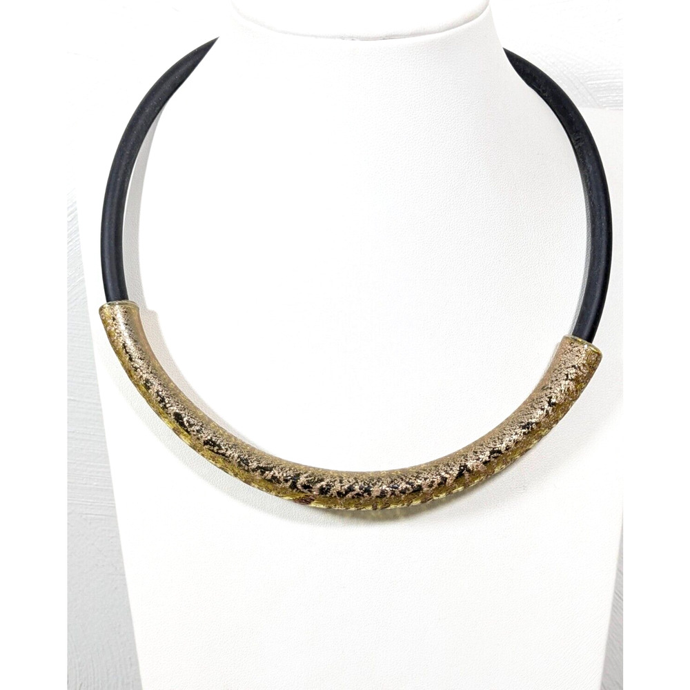 Italianissimo Golden Murano Glass Curved Bar Black‎ Tubino Necklace Rubber 18 in